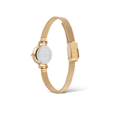 Petite Mini Evergoldの裏蓋側からの画像です。ケースバックにはDaniel Wellingtonのロゴが刻印されており、ゴールドメッシュストラップのクラスプ部分も確認できます。また、クイックリリース機構によるストラップ交換の仕組みもご覧いただけます。