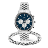 Daniel WellingtonのIconic Chronograph Pandaに、ブルーサンレイダイヤルとホワイトサブダイヤルが映えるシルバートーンの5連リンクブレスレットを組み合わせた腕時計と、肉厚なEllipse Cuban Chain Braceletのギフトセットです。