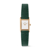 Daniel WellingtonのBound Mini Green Lizardです。ローズゴールドの長方形ケースに白い文字盤、深みのあるグリーンのリザード型押しレザーストラップが特徴の、小ぶりな女性向け腕時計です。