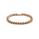 Daniel WellingtonのChunky Chain Bracelet Rose Goldの全体像です。ポリッシュ仕上げのローズゴールドチェーンが連なり、留め金部分にはDWのロゴが刻印されています。