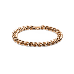 Daniel WellingtonのChunky Chain Bracelet Rose Goldの全体像です。ポリッシュ仕上げのローズゴールドチェーンが連なり、留め金部分にはDWのロゴが刻印されています。