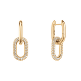 ダニエルウェリントン Crystal Link Earrings Goldの正面と側面を白背景で並べた商品写真です。ポリッシュ仕上げのゴールドカラーのフープに、キュービックジルコニアをパヴェセッティングしたオーバルリンクが連なるデザインです。