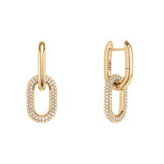 ダニエルウェリントン Crystal Link Earrings Goldの正面と側面を白背景で並べた商品写真です。ポリッシュ仕上げのゴールドカラーのフープに、キュービックジルコニアをパヴェセッティングしたオーバルリンクが連なるデザインです。