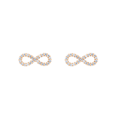 ダニエルウェリントン Mirelle Infinity Earrings Rose Goldの商品画像。白い背景に、8の字を描くインフィニティラインに沿ってホワイトキュービックジルコニアが一粒ずつセットされたローズゴールドのスタッドピアスを正面から撮影しています。
