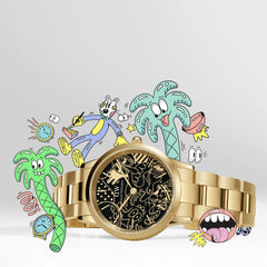 Steven Harrington x Daniel Wellingtonの限定モデル「Iconic Link」は、デュアルトーンゴールドの上品なデザインに、ハリントンのカラフルなイラストレーションが施された特別な腕時計です。ヤシの木や個性的なキャラクターが文字盤を彩り、遊び心あふれるコラボレーションの世界観を表現しています。
