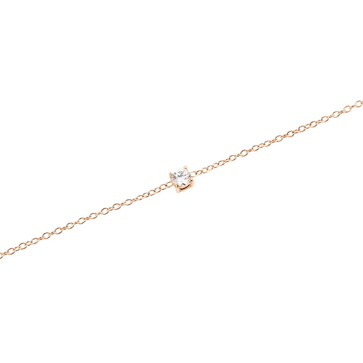 Mirelle Solitaire Bracelet Rose Goldのストーン部分をクローズアップした画像です。繊細なローズゴールドチェーンの中央に、小さな爪留めでセットされたホワイトキュービックジルコニアが、白い背景の上で上品に輝いています。