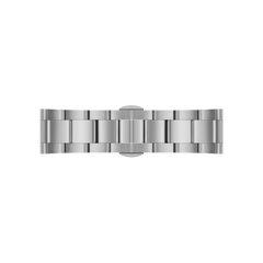 Iconic Chronograph Arcticのシルバーステンレススチール製リンクブレスレットを拡大した画像です。ヘアラインとポリッシュを交互に施したコマの質感や、フラットに収まるプッシュ式バタフライクラスプの細部までご確認いただけます。