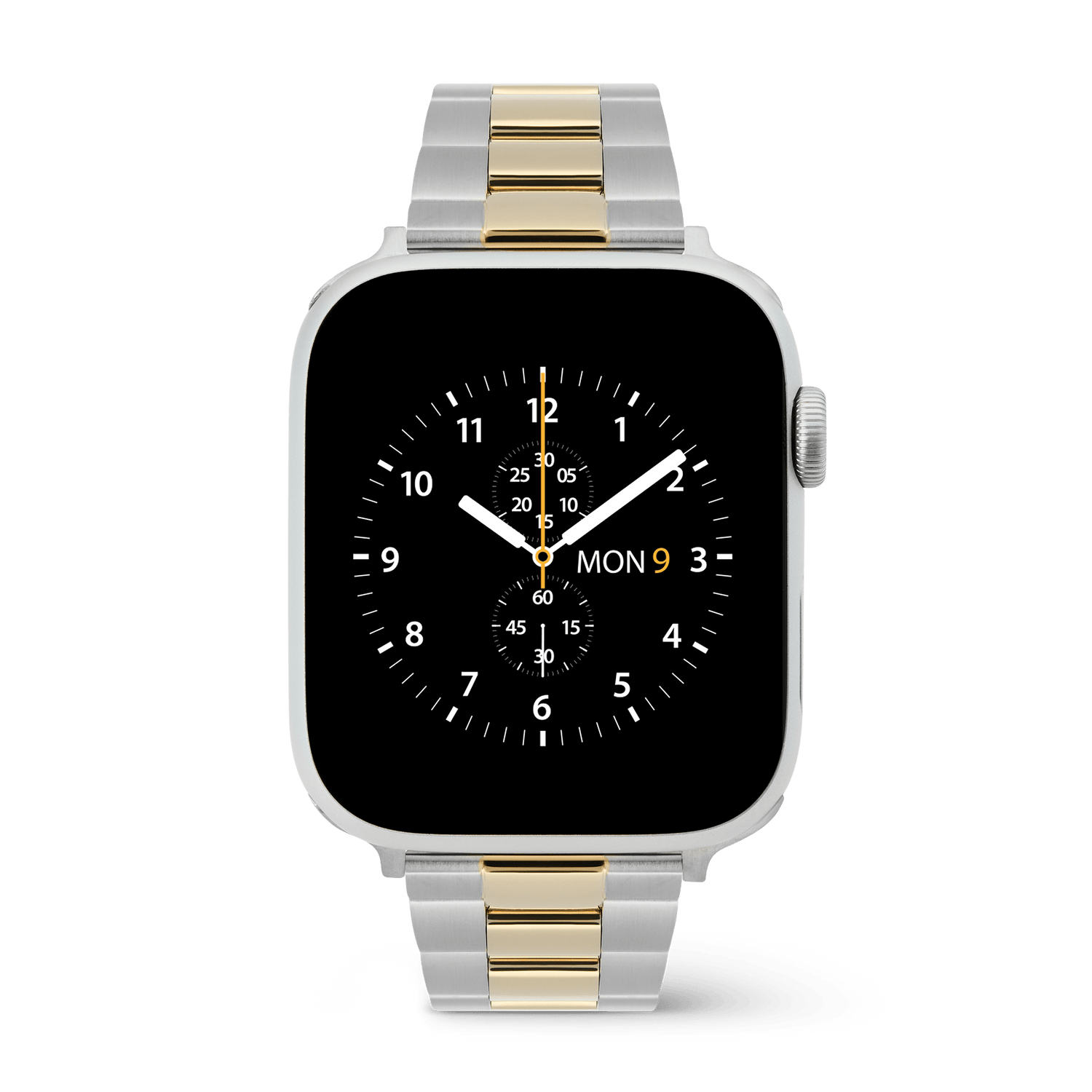 Apple Watchに装着したDaniel Wellington Smartwatch Iconic Linkツートンブレスレットの画像です。クラシックなクロノグラフ風の黒い文字盤と、シルバーとゴールドの3連リンクブレスレットが上品に調和しています。