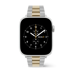 Apple Watchに装着したDaniel Wellington Smartwatch Iconic Linkツートンブレスレットの画像です。クラシックなクロノグラフ風の黒い文字盤と、シルバーとゴールドの3連リンクブレスレットが上品に調和しています。