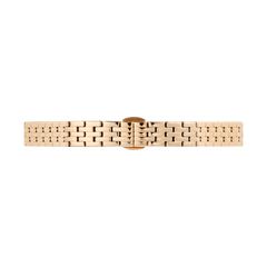 Daniel Wellingtonの5-Link Strap Rose Goldを裏側から見たバタフライバックル部分のクローズアップです。ポリッシュ仕上げのローズゴールド5連リンクと、フラットに閉じるバックル構造がご覧いただけます。