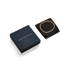 Daniel Wellingtonの3-Link Bracelet Goldを、ブランドロゴ入りのネイビーのギフトボックスとブラックのジュエリーポーチとともにパッケージした画像です。贈り物にぴったりの上品な仕様となっています。