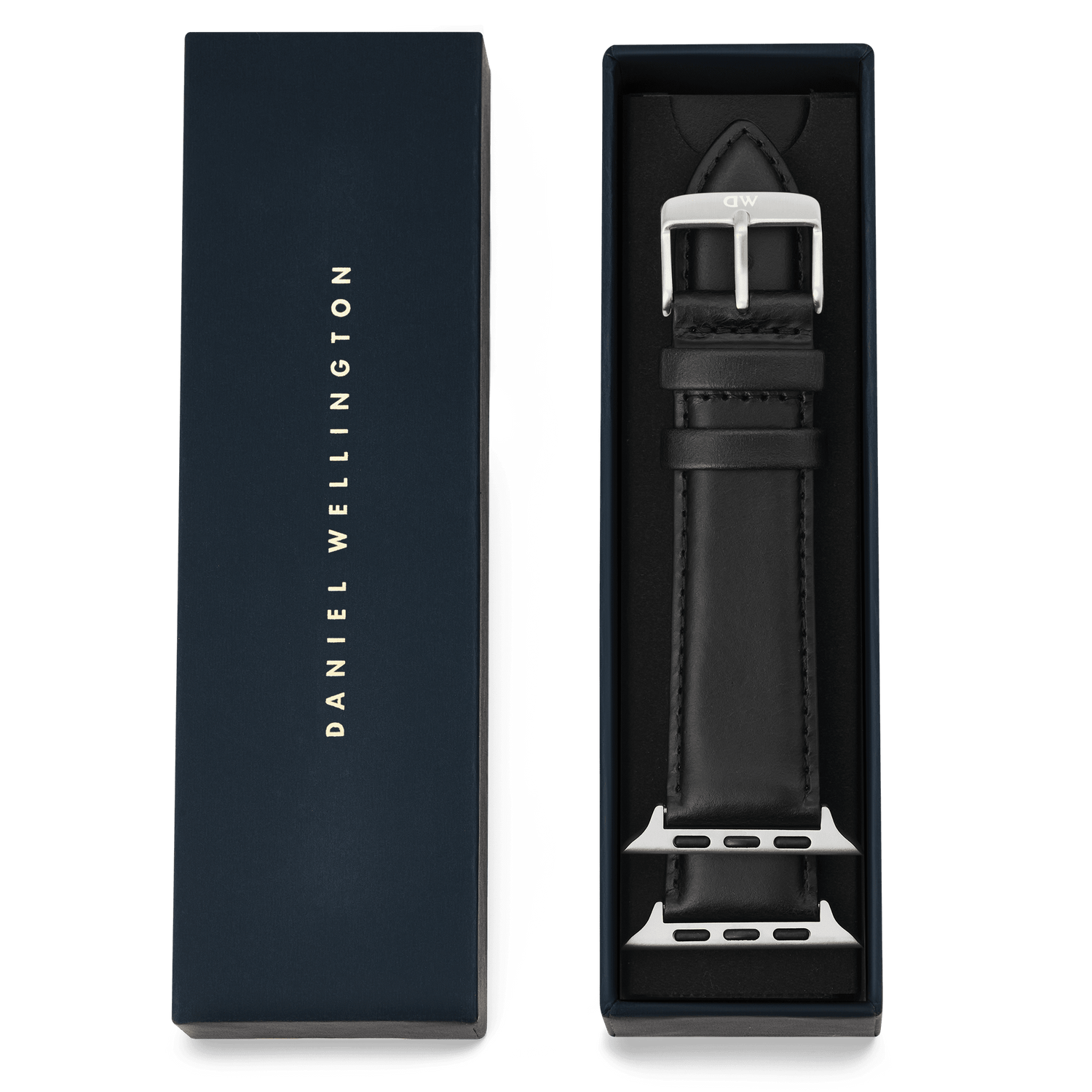 Daniel Wellington Smartwatch Leather Strap Sheffield Silverがネイビーの専用ボックスに収められたパッケージ画像です。ボックスの蓋にはゴールドのブランドロゴがあしらわれ、ブラックレザーストラップとシルバーのApple Watch用アダプターが整然と並んでいます。ギフトに最適な上質な仕上がりです。