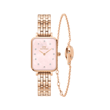 Daniel WellingtonのQuadro Lumine 5-link Melrose Pink MOPとClassic Unity Lumine Braceletのローズゴールドギフトセットです。ピンクのマザーオブパール文字盤にクリスタルインデックスをあしらったスクエア型腕時計と、クリスタルを散りばめた繊細なチェーンブレスレットのセットで、上品な輝きを演出します。