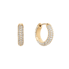 ダニエルウェリントン Pavé Crystal Earrings Goldの正面と側面。小ぶりなゴールドのフープ全面に、三列のクリスタルがパヴェセッティングであしらわれています。ヒンジ式のクラスプ構造もご確認いただけます。