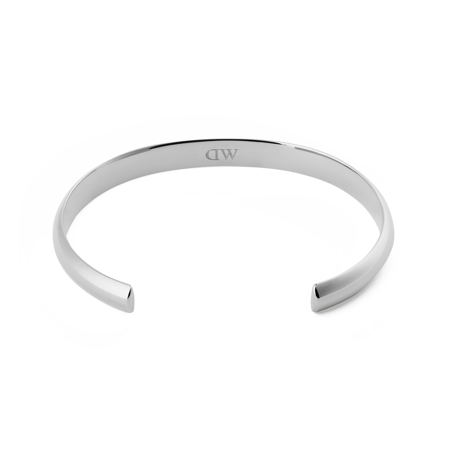 Arch Cuff Silver 4mmを内側から捉えた画像です。ブレスレットの内面にはDaniel Wellingtonのロゴが刻印されており、両端が開いたオープンカフのシルエットが確認できます。