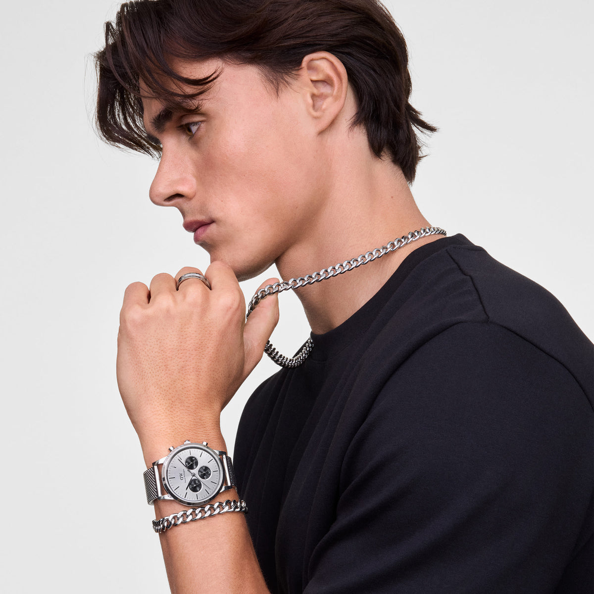 Iconic Chronograph Panda + Ellipse Cuban Chain Bracelet Silver Set