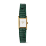 Daniel WellingtonのBound Mini Green Lizard Goldです。ゴールドの長方形ケースに、インデックスのないホワイト文字盤とグリーンのリザード型押しレザーストラップを組み合わせた、小ぶりで上品な女性向け腕時計です。