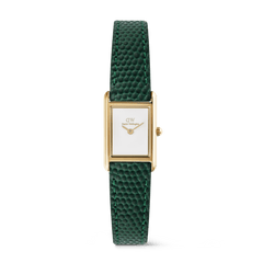 Daniel WellingtonのBound Mini Green Lizard Goldです。ゴールドの長方形ケースに、インデックスのないホワイト文字盤とグリーンのリザード型押しレザーストラップを組み合わせた、小ぶりで上品な女性向け腕時計です。