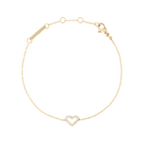 Daniel Wellington Mirelle Heart Bracelet Goldの全体像です。細身のゴールドチェーンの中央に、キュービックジルコニアをあしらったハートモチーフが輝き、ロブスタークラスプとブランドロゴ入りプレートが確認できます。