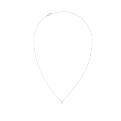 白背景で撮影した「Crystal Zodiac Chain Necklace Silver」の全体写真です。細身のシルバーチェーンがしずく型のシルエットを描き、中央下部にはおうし座をモチーフにした小ぶりなペンダントがクリスタルとともにセットされています。上部にはロブスタークラスプとブランドプレート付きのアジャスターが確認できます。