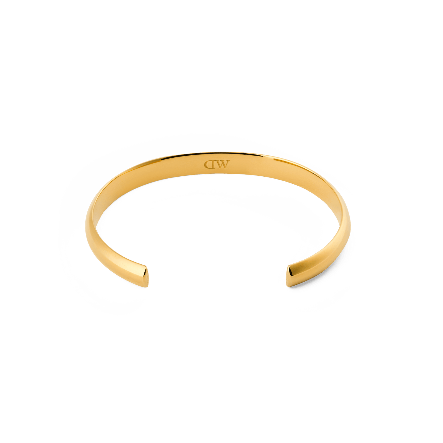 Arch Cuff Gold 6mmを内側から捉えたアングルの商品画像です。ゴールドカラーのオープンカフの内面にはDaniel Wellingtonのロゴが刻印されており、白背景に映えるポリッシュ仕上げの輝きが際立っています。