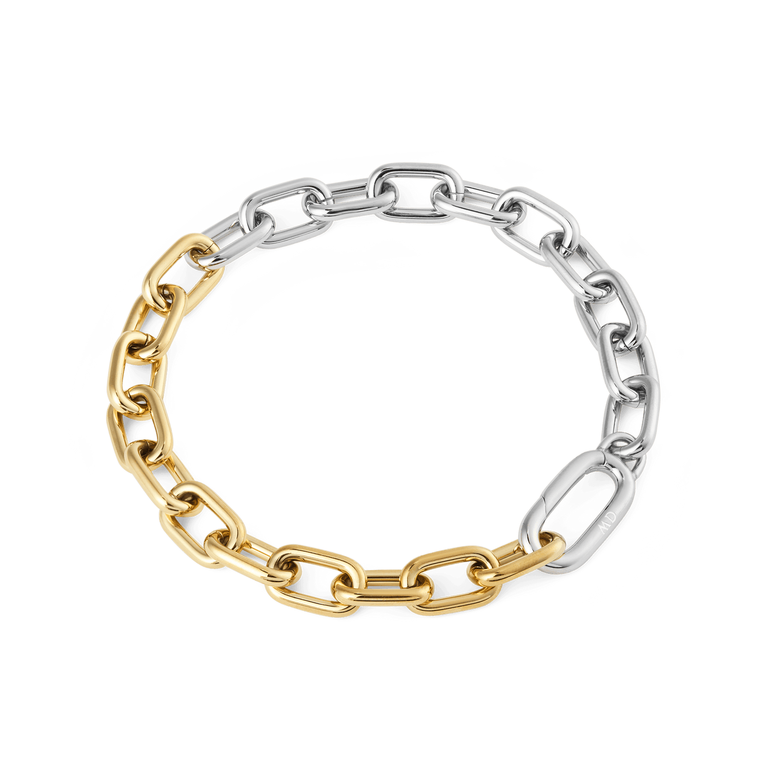 ダニエルウェリントンのContrast Link Braceletを斜め上から撮影した全体像です。イエローゴールドとシルバーのチェーンリンクが円を描くように並び、ハーフ＆ハーフの配色バランスと建築的なフォルムが際立ちます。