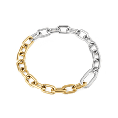 ダニエルウェリントンのContrast Link Braceletを斜め上から撮影した全体像です。イエローゴールドとシルバーのチェーンリンクが円を描くように並び、ハーフ＆ハーフの配色バランスと建築的なフォルムが際立ちます。