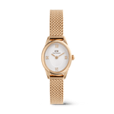 ダニエルウェリントンのOphelia Mini Mesh White Rose Goldです。楕円形のローズゴールドケースに、ローマ数字インデックスのホワイト文字盤と細身のローズゴールドメッシュストラップを組み合わせた、ミニサイズの女性向け腕時計です。