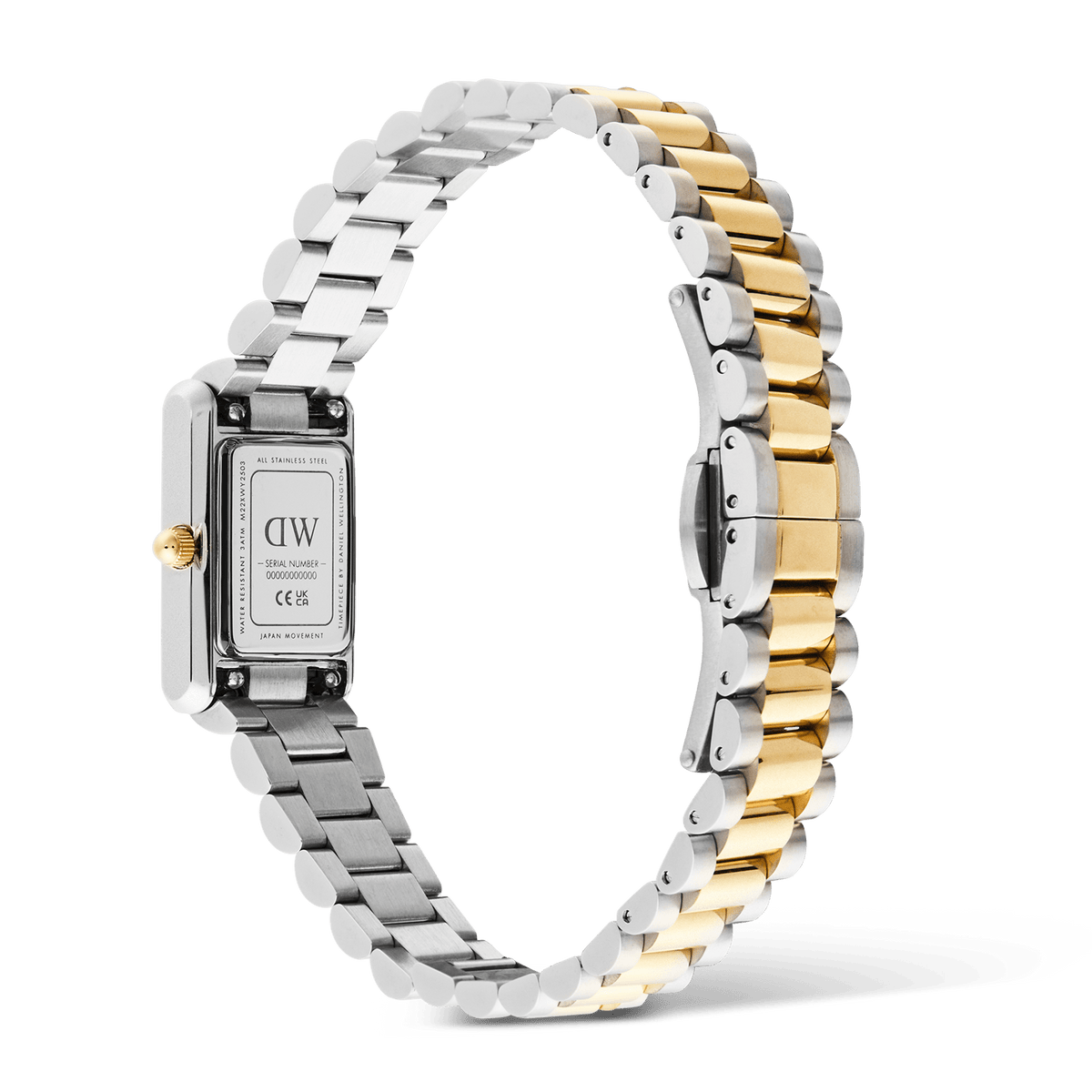 Bound Mini 3-Link Two Tone Goldを裏蓋側から見た画像です。ステンレススチール製のケースバックにはDaniel Wellingtonのロゴやシリアルナンバーが刻印されており、ゴールドのリューズとツートーンカラーの3リンクブレスレットが円を描くように配置されています。