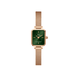 Daniel Wellington Quadro Mini Melrose Emeraldの正面画像。ローズゴールドのスクエアケースにエメラルドグリーンのサンレイ文字盤、ローズゴールドのメッシュストラップを合わせた、女性向けのコンパクトな腕時計です。