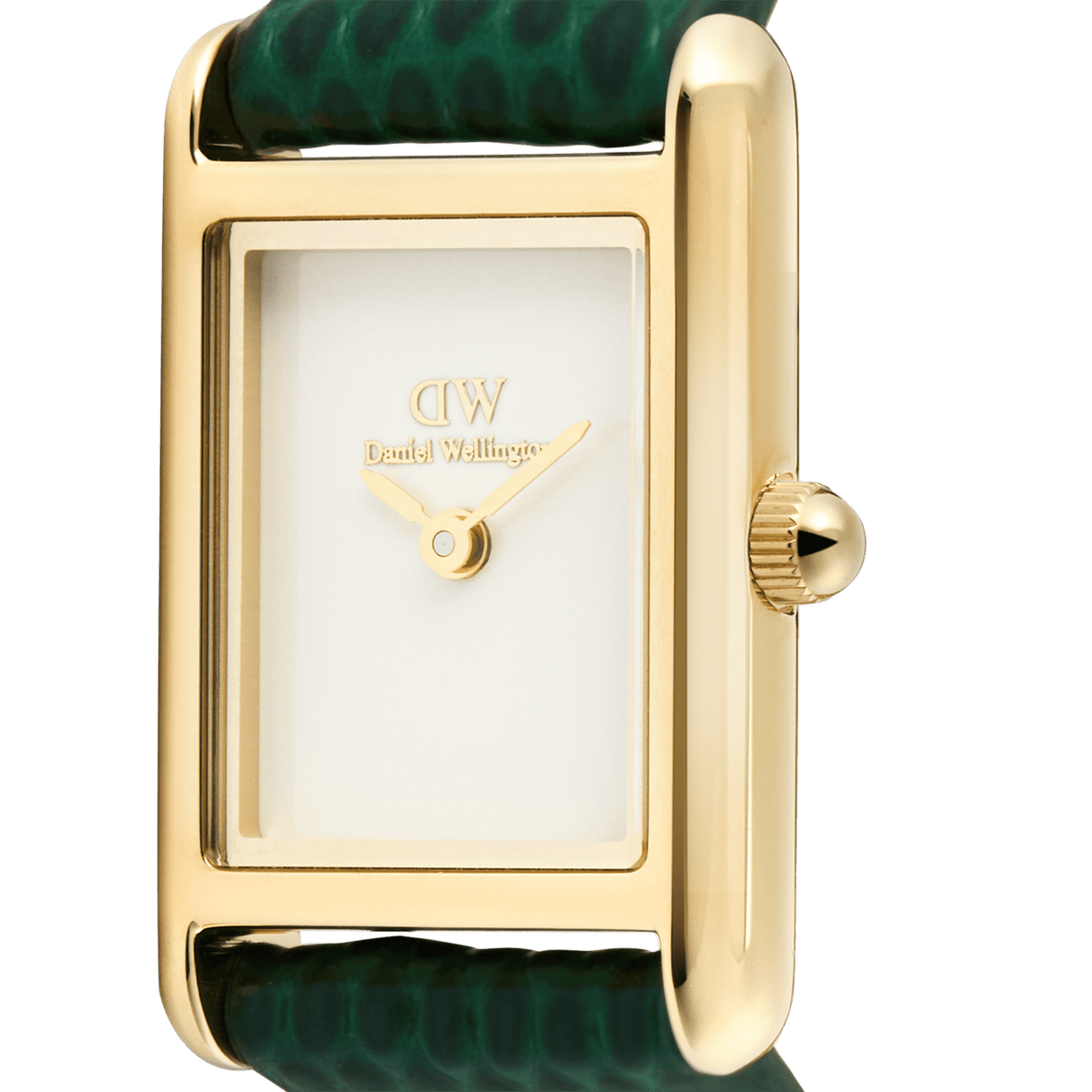 Bound Mini Green Lizard Goldの文字盤とケースをクローズアップした画像です。ポリッシュ仕上げのゴールド長方形ケースに、ゴールドの二針とDaniel Wellingtonロゴのみを配したミニマルなホワイト文字盤が収められています。右側にはゴールドのリューズが見え、グリーンのリザード型押しレザーストラップの鱗模様も確認できます。