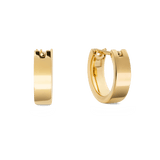 Daniel Wellington Line Earrings Polished Gold 3.5mmを正面と斜めから撮影した画像です。フラットな鏡面仕上げのゴールドフープピアスで、ラッチバック式の留め具が特徴のコンパクトなデザインです。