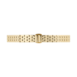 Daniel Wellington 5-Link Strap Goldの裏側から見たバタフライバックル部分をクローズアップした画像です。ポリッシュ仕上げのゴールドカラー5列リンクと、フラットに閉じるバックル構造がご覧いただけます。