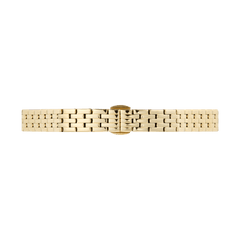 Daniel Wellington 5-Link Strap Goldの裏側から見たバタフライバックル部分をクローズアップした画像です。ポリッシュ仕上げのゴールドカラー5列リンクと、フラットに閉じるバックル構造がご覧いただけます。