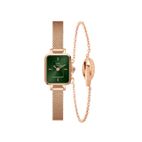 Daniel Wellington Quadro Mini Melroseのエメラルドグリーン文字盤とローズゴールドメッシュストラップの腕時計に、リングモチーフのElan Unity Braceletをセットにしたギフトです。