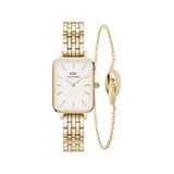 Daniel WellingtonのQuadro 5-Link EvergoldゴールドスクエアウォッチとElan Unity Braceletのギフトセットです。ホワイト文字盤にゴールドのバーインデックスをあしらった腕時計と、ロゴ入りリングモチーフのチェーンブレスレットが、統一感のあるゴールドトーンでコーディネートされています。