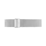 ダニエルウェリントン Mesh Sterling Strap Silverの全体像です。緻密に編み込まれたシルバーメッシュと、ロゴが刻印されたフォールドオーバークラスプが特徴です。
