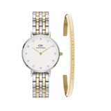 Daniel WellingtonのPetite Lumine 5-linkツートーン腕時計とゴールドのClassic Braceletがセットになったギフトアイテムです。シルバーとゴールドの5連リンクブレスレット、クリスタルインデックスのホワイト文字盤、ブランドロゴが刻印されたゴールドのオープンカフブレスレットを組み合わせたセットです。