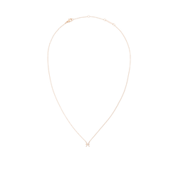 クリスタルZodiac Chain Necklaceのおひつじ座モデルを白背景で撮影した俯瞰写真です。ローズゴールドの繊細なチェーンが自然な雫型のシルエットを描き、下部にはクリスタルをあしらった小ぶりなおひつじ座のペンダントが配されています。上部にはロブスタークラスプとブランド刻印入りのエクステンションバーが確認できます。