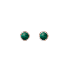 ダニエルウェリントン Audrey Earrings Malachite Rose Goldのスタッドピアスです。鮮やかなグリーンのマラカイトを中央にあしらい、ホワイトキュービックジルコニアのヘイローとローズゴールドのフレームが天然石の縞模様を際立たせるデザインです。