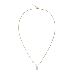 ゴールドのスネークチェーンネックレスに、Amazonite Octagon Gold Charmを合わせたコーディネートです。細身のチェーンの先端に、ブルーグリーンの天然石チャームが下がり、シンプルながらも胸元に彩りを添えます。