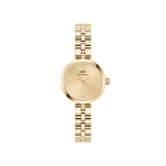 Daniel Wellington Elan Lumine Unitone Goldの正面画像です。ゴールドのサンレイダイヤルに5つのクリスタルインデックスを配し、ケースから3リンクストラップまでワントーンのゴールドで統一された、22mmサイズの女性向け腕時計です。
