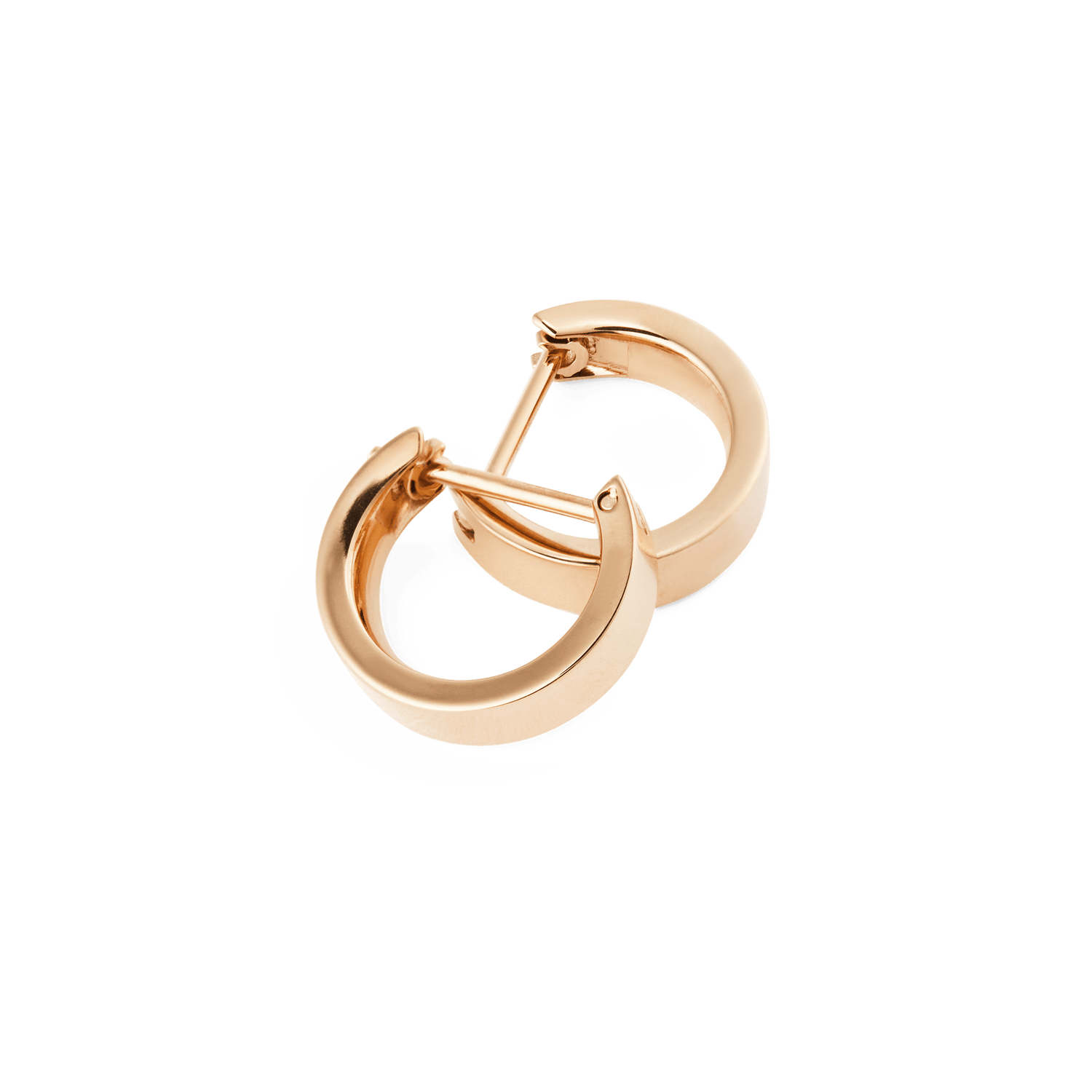 Daniel Wellington Line Earrings Polished Rose Gold 3.5mmを斜め上から撮影した商品画像です。重なり合う2つの小ぶりなフープピアスが、ポリッシュ仕上げのローズゴールドの滑らかな曲面と光沢を美しく引き立てています。