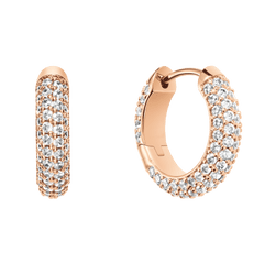 ダニエルウェリントン Pavé Crystal Earrings Rose Goldの正面と側面を撮影した画像です。ローズゴールドのフープ部分には、複数列にわたってクリスタルが緻密にセットされたパヴェデザインが施されており、滑らかなヒンジ部分の仕上がりもご確認いただけます。
