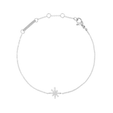 Daniel WellingtonのMirelle Star Braceletシルバーカラー全体のイメージです。細やかなチェーンの中央に、キュービックジルコニアをあしらった星型のモチーフが配されています。ロブスタークラスプやアジャスターチェーン、ブランドロゴ入りのプレートも確認できます。