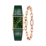 Daniel WellingtonのBound Crocodile Emerald Sunrayギフトセットです。エメラルドグリーンのサンレイダイヤルとクロコダイル型押しレザーストラップを採用したレクタンギュラータイプの腕時計に、クリスタルをあしらったローズゴールドのCrystal Link Braceletをセットにしました。