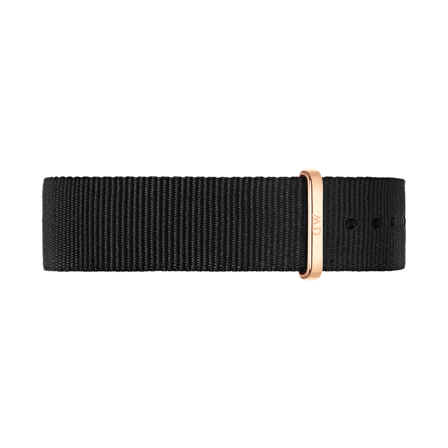 Daniel Wellington Cornwall Strapのバックル部分を拡大した画像です。ブラックのNATOベルトの穴部分と、角を丸く仕上げたローズゴールドのキーパーが確認でき、滑らかな金具の質感が際立っています。