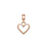 ダニエルウェリントン Heart Contour Charmのローズゴールド単体画像。オープンハートのシルエットをあしらった小ぶりなチャームで、ポリッシュ仕上げが上品な輝きを添えます。上部にはベイルが付いています。