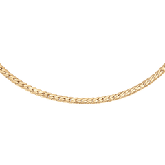 Daniel Wellington Flat Chain Necklace Gのチェーン部分をクローズアップ。平らに仕上げられたゴールドのコマが隙間なく連なり、滑らかな光沢を放つフラットチェーンの質感が伝わります。