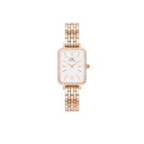 Daniel Wellington Quadro Lumine Bezel 5-Link Melroseの正面画像です。四辺をクリスタルベゼルで囲んだスクエアケースに、ホワイトダイヤルとローズゴールドのバーインデックスを配し、ポリッシュ仕上げの5リンクブレスレットが連なる女性向け腕時計です。
